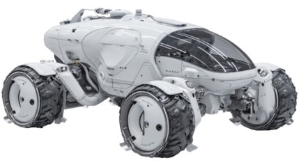 A white robot with a black wheel is on a white background