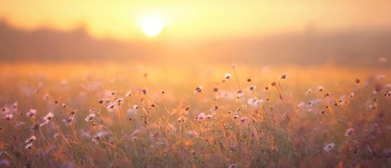 Golden Summer Field with Floral Blooms under Hazy Dusk Light