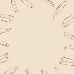 Cinnamon sticks frame on light beige background for label invitation packaging or seasonal product design