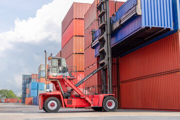 Logistics and Global Trade Container Yard Operations for Background Concept, Forklift Stacking Shipping Containers at Port Terminal