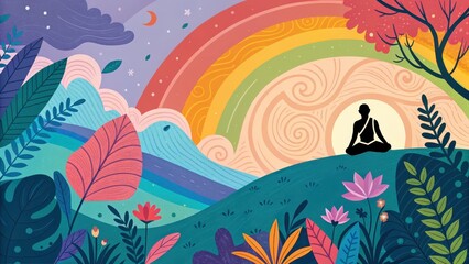 Colorful abstract illustration of person meditating in nature with rainbow and floral elements, ideal for mindfulness visuals, spiritual growth posters, yoga event flyers, wellness branding.