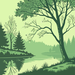 Spring Green Forest Reflected in Lake 