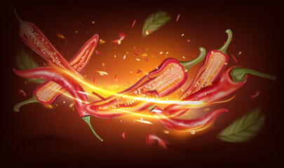 Chili splashing elements ads isolated on solid color background, Vector realistic in 3D illustration.