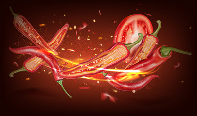 Chili splashing elements ads isolated on solid color background, Vector realistic in 3D illustration.