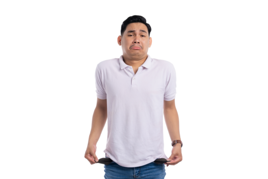 Sad man showing empty pockets with hopeless expression isolated on transparent background representing financial crisis or bankruptcy - Powered by Adobe