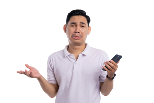 Confused man holding smartphone with puzzled expression while shrugging isolated on transparent background