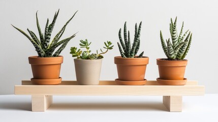 Obraz premium Four potted succulents arranged on a wooden shelf against a white background.