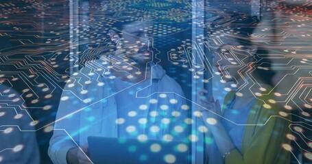 Man opening laptop as woman leaning in, circuit animating glowing nodes across experts in tech - Powered by Adobe