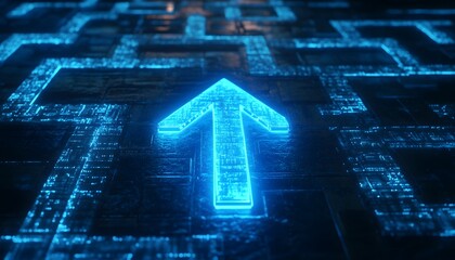Glowing upward arrow on a complex circuit board.