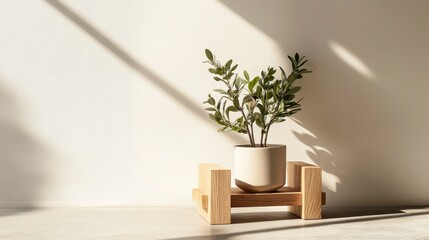 Minimalist plant in a beige pot on a wooden stand against a white wall with sunlight.
