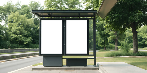 Blank billboard poster advertisement mockups at an empty bus stop shelter along the main road with greenery in the background out of home OOH vertical billboard media display area