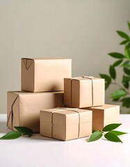 Stacked Kraft Paper Gift Boxes with Twine and Greenery on White Surface
