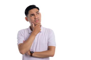 Young man with thoughtful expression touching chin and looking up isolated on transparent background