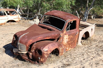 Vintage, old, rusty car abandoned in remote Australian Outback, amongst Eucalyptus trees. History, nostalgia, scrap, collection, travel and tourism