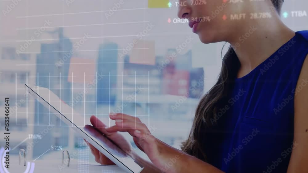 Poster professional woman tapping tablet screen at city window while analyzing tech data charts animating