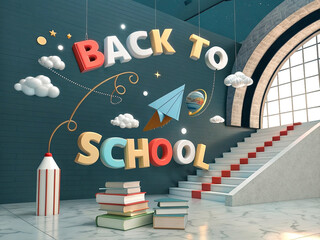 Back to school 3d render of classroom staircase
