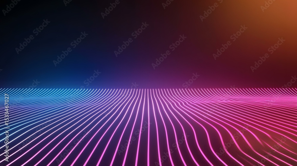 Poster a dark background features a wavy field of parallel neon lines that shift from cool blue to vibrant 