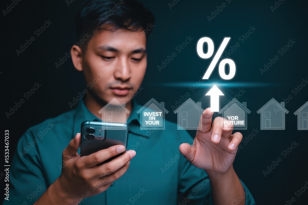 Poster person using a smartphone to view a graphic representation of increasing percentage return on real e