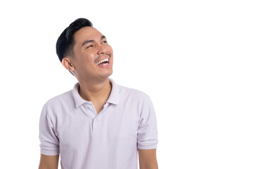 Fototapeta premium Happy young man looking up and smiling with joyful expression wearing casual shirt isolated on transparent background