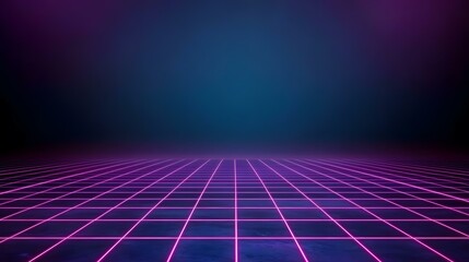 A dark blue and purple gradient background features a grid of bright pink neon lines receding into the distance, creating a retro-futuristic, synthwave aesthetic.