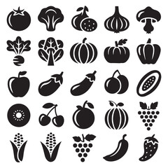 Fresh Fruit and Vegetable Icons Black Glyphs Set for Design