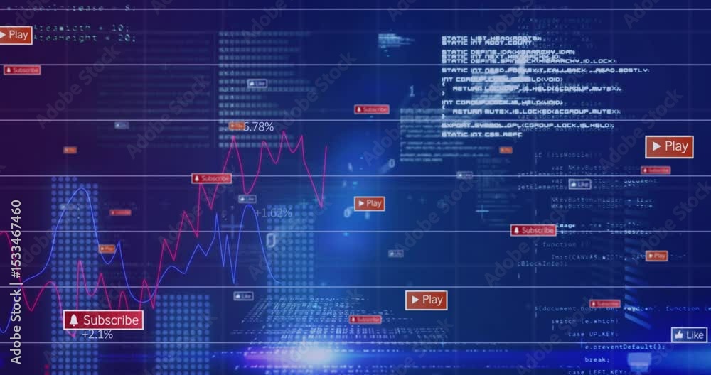 Poster data interface grid spawning code colored graphs oscillating icons pulsing beam visualizing data