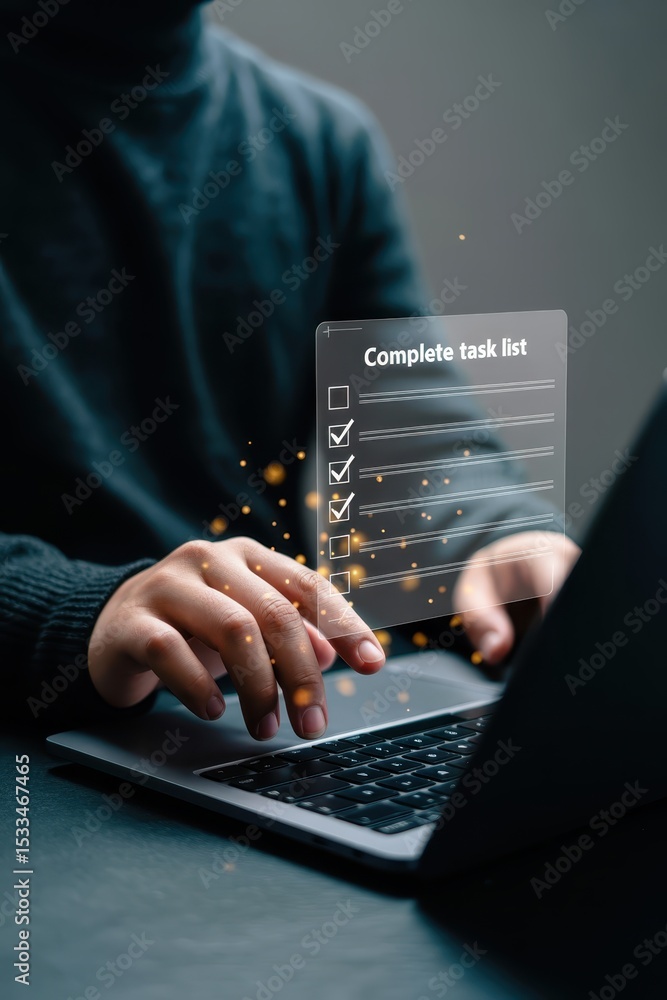 Poster person using a laptop to complete a task list.