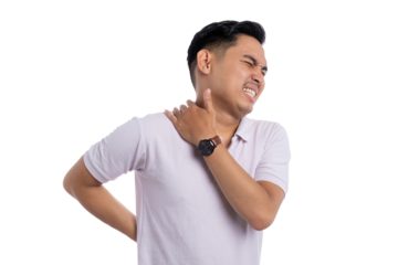 Young man suffering from neck and back pain with pained expression isolated on transparent background