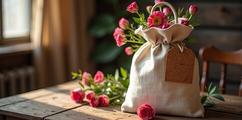 Cotton Bag with Cork Tag - Floral Bloom Style with french provincial Design - Premium Quality Stock Photography for Commercial Use