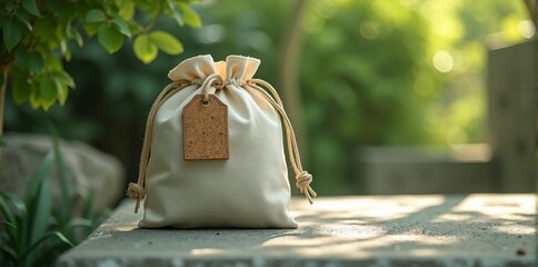 Cotton Bag with Cork Tag - Whimsical Fantasy Style with japanese zen Design - Premium Quality Stock Photography for Commercial Use