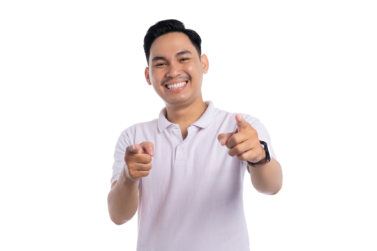 Cheerful young man smiling and pointing at camera with both hands isolated on transparent background