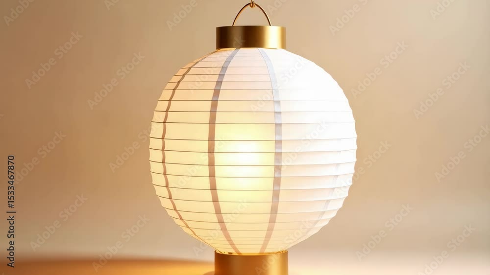 Poster illuminated paper lantern emits a soft glow, suspended in a minimalist setting with a neutral backgr