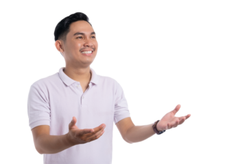 Cheerful young man looking up with open hands expressing hope and excitement isolated on transparent background