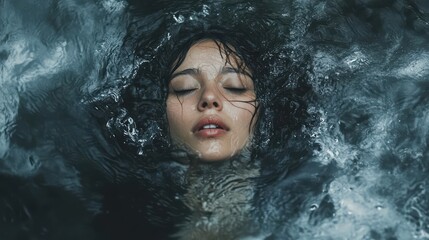 Fototapeta premium Serene immersion: Woman floating in calm waters with eyes closed in tranquility