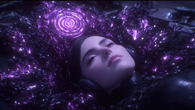A Celestial Dreamscape: A serene individual floats amidst a nebula of ethereal energy, with a closed-eye expression that depicts tranquility and inner peace.