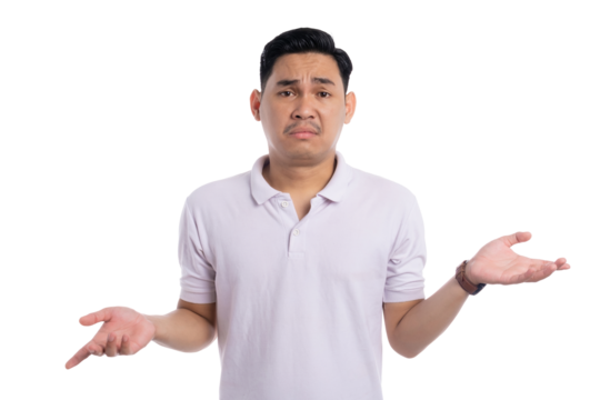 Confused young man shrugging with puzzled expression isolated on transparent background - Powered by Adobe