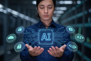 Person holding a holographic representation of artificial intelligence technology.