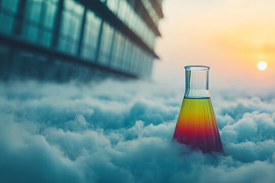 Erlenmeyer flask in clouds, modern architecture backdrop - Powered by Adobe