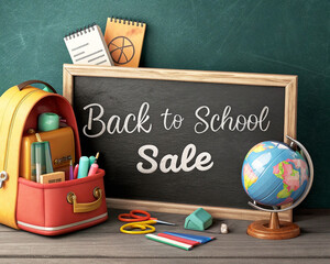 Back to school sale chalkboard with backpack and globe