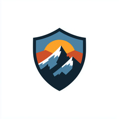Mountain Sunset Badge Logo – Blue Shield with Orange Sunset Over Snowy Peaks, Ideal for Outdoor Gear, Travel Companies, or Scenic Landscape Branding