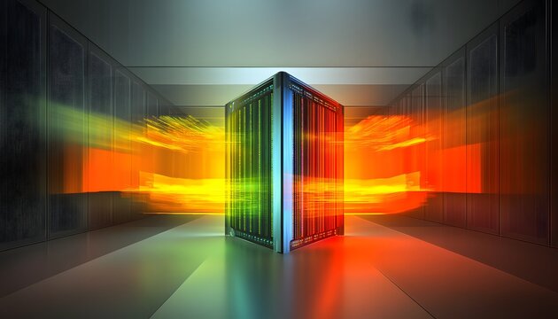 Data center server room interior with vibrant digital light effects.