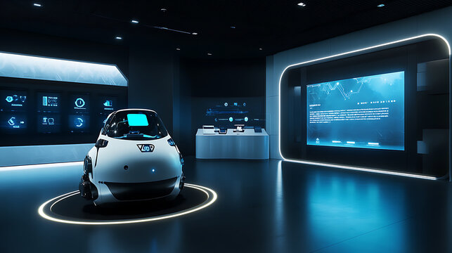 Futuristic Electric Vehicle Displayed in High-Tech Showroom with Interactive Screens