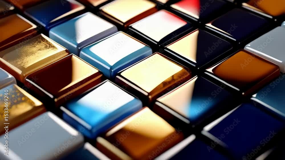 Poster close-up abstract showing glossy, textured, square tiles in a mosaic pattern with varied shades of b