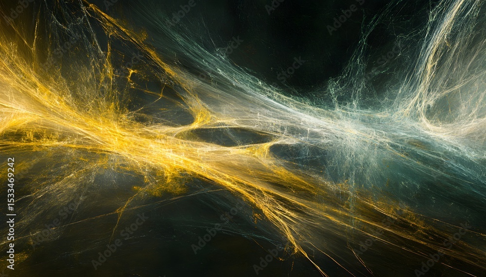 Poster abstract design with interwoven golden and teal patterns.