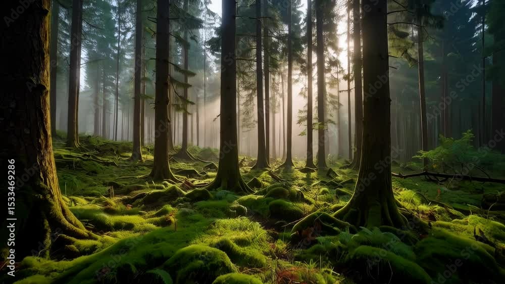 Poster sunlight filters through tall fir trees illuminating moss covered forest floor, creating a mystical 