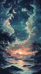 Fototapeta premium Serene nocturnal seascape with celestial glow amidst trees and rocky shores