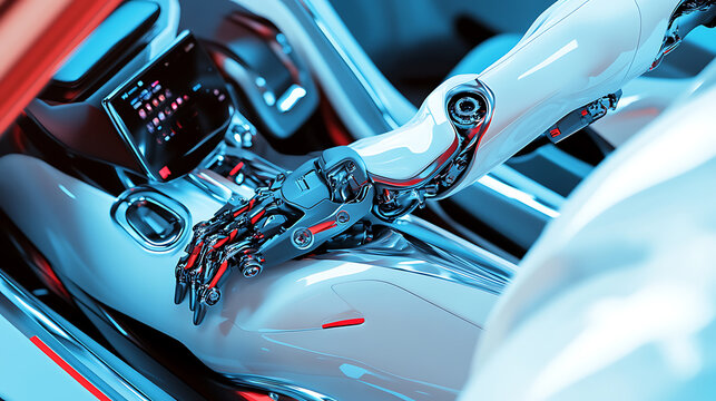 Robot Hand Operating Futuristic Vehicle Controls - Powered by Adobe