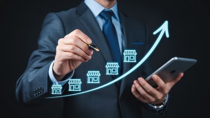 Business growth depicted by a rising curve with shop icons.