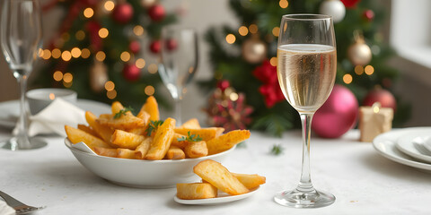 Background shot of baked potato wedges as side dish and champagne glass with sparkling drink served on festive dining table on Christmas Eve, copy space
