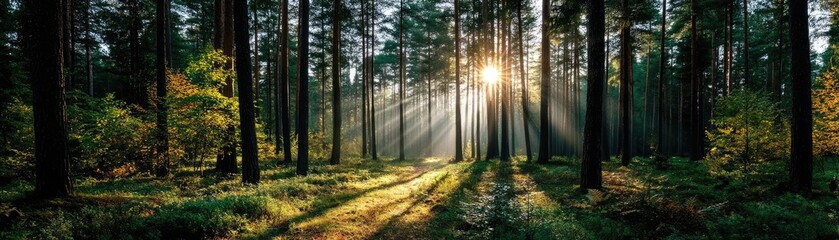 Obraz premium Nature escape through therapy with serenity and peace concept. Sunlight filtering through trees in a serene forest landscape.